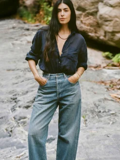 Women Imogene + Willie buckleback jean in washed indigo stripe