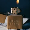 Women Imogene + Willie hand stamped “godspeed” zippo