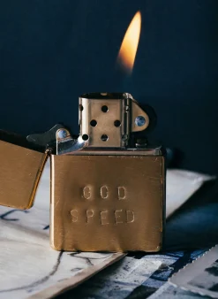 Women Imogene + Willie hand stamped “godspeed” zippo