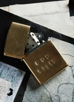 Women Imogene + Willie hand stamped “godspeed” zippo