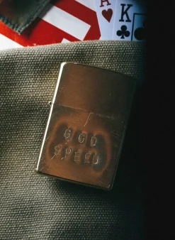 Women Imogene + Willie hand stamped “godspeed” zippo