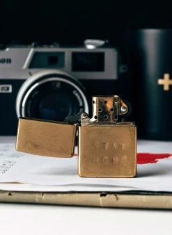 Women Imogene + Willie hand stamped “stay home” zippo