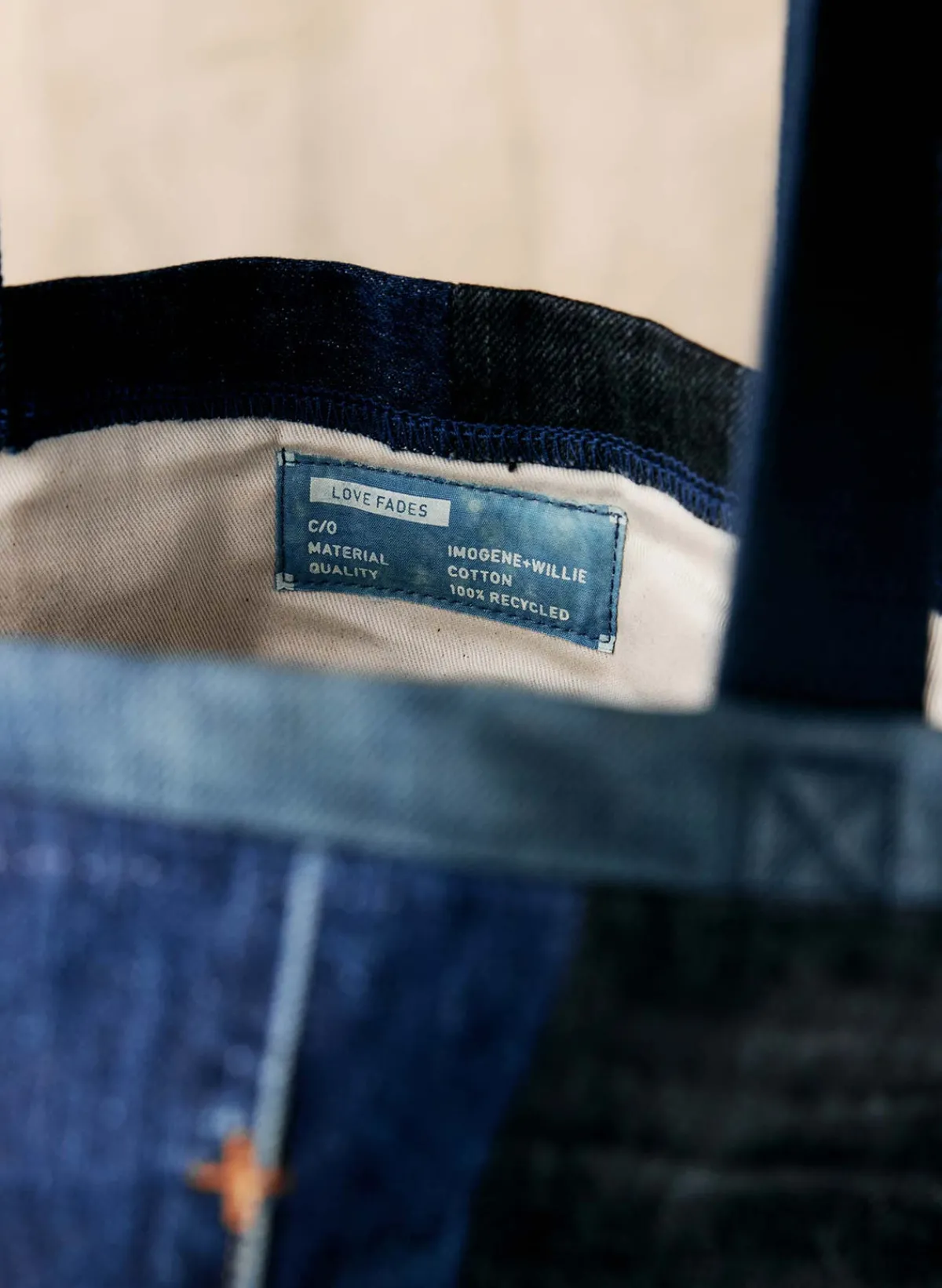 Women Imogene + Willie love fades recycled denim tote
