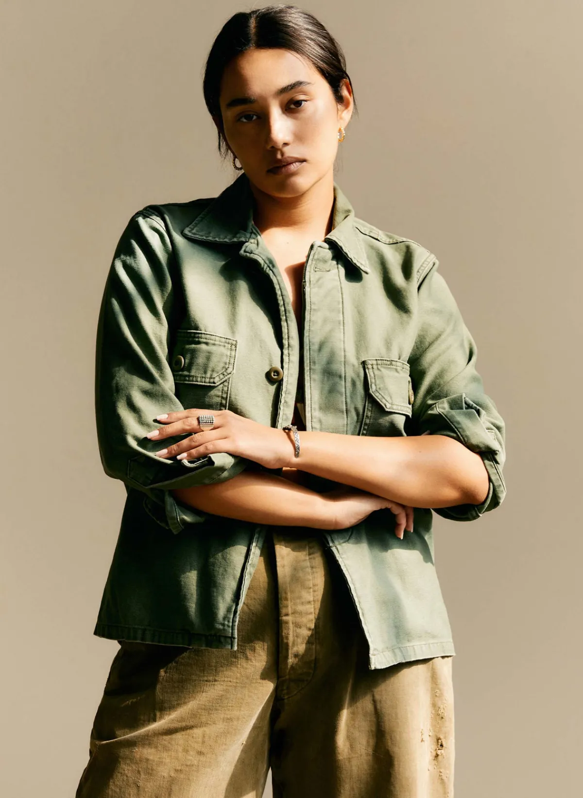 Women Imogene + Willie military shirt jacket in fatigue green