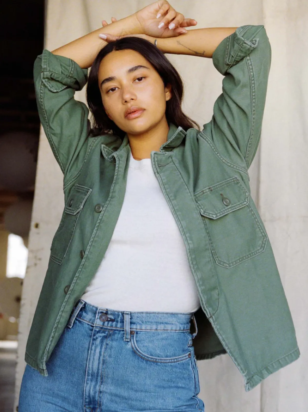 Women Imogene + Willie military shirt jacket in fatigue green