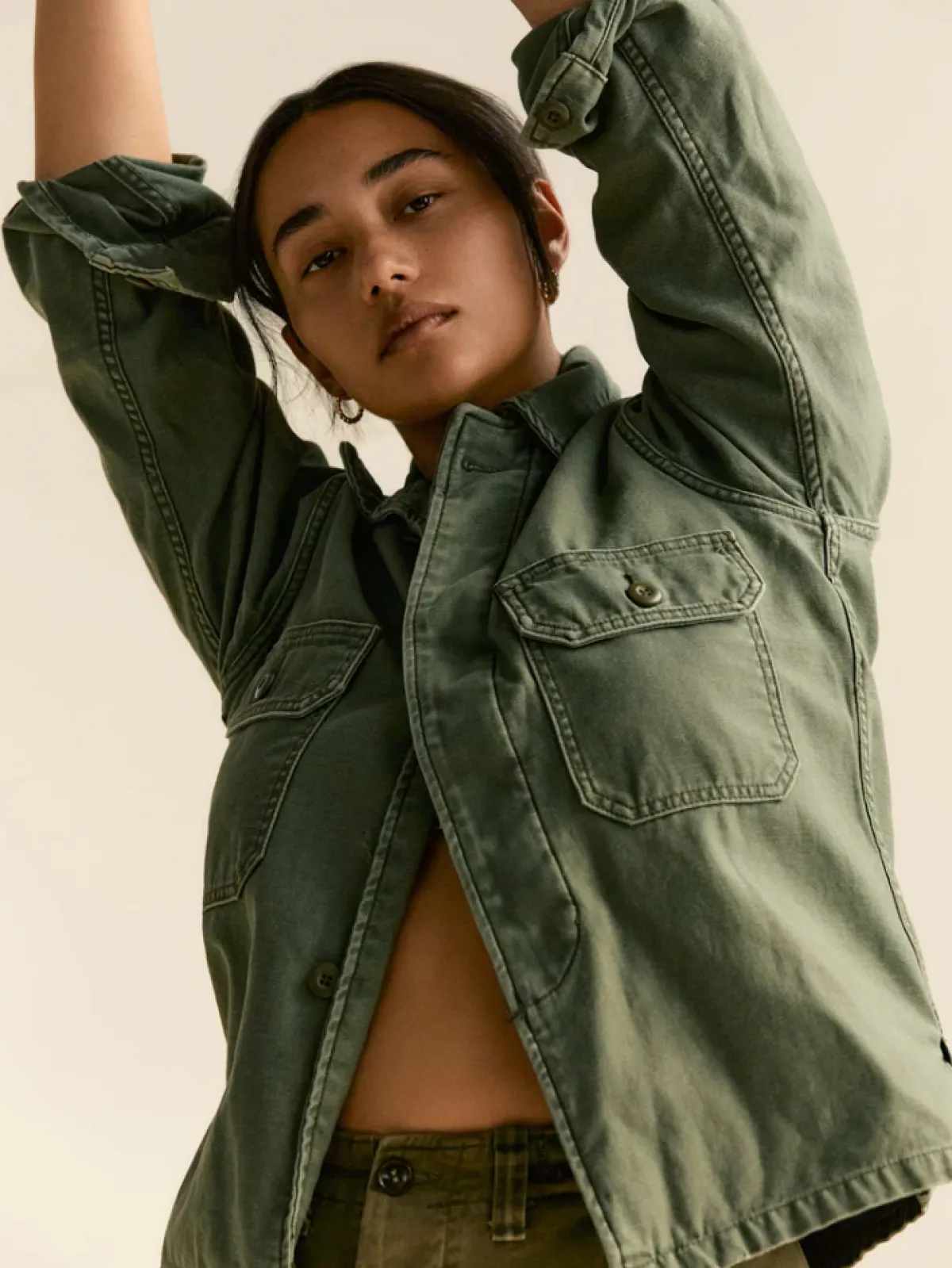 Women Imogene + Willie military shirt jacket in fatigue green