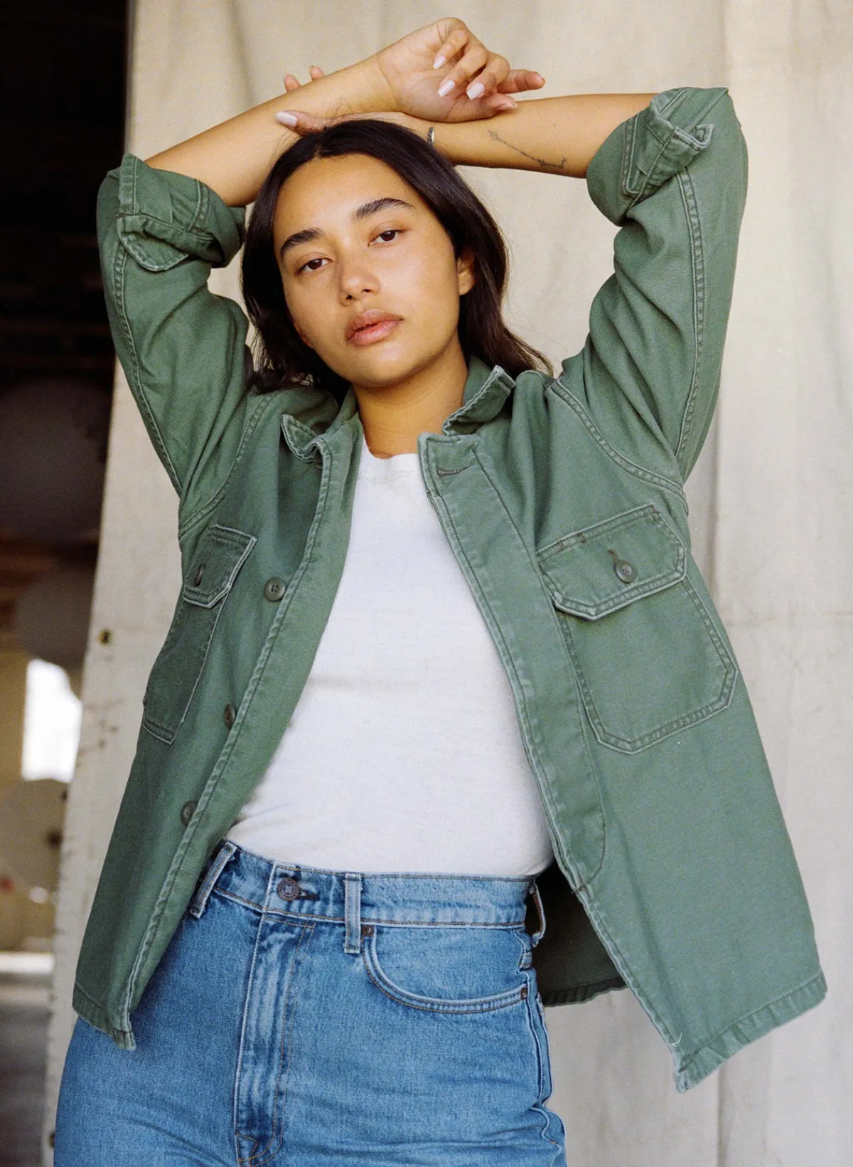 Women Imogene + Willie military shirt jacket in fatigue green