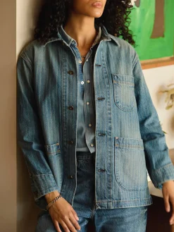 Women Imogene + Willie ranch jacket in washed indigo stripe