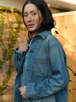 Women Imogene + Willie ranch jacket in washed indigo stripe