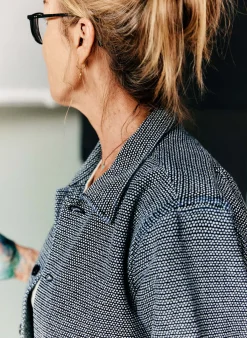 Women Imogene + Willie the painters coat in indigo cream sashiko
