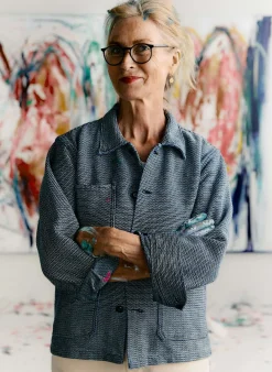 Women Imogene + Willie the painters coat in indigo cream sashiko