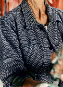 Women Imogene + Willie the painters coat in indigo cream sashiko